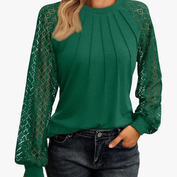 Tops - Elegant Green Lace Sleeve Women's Top